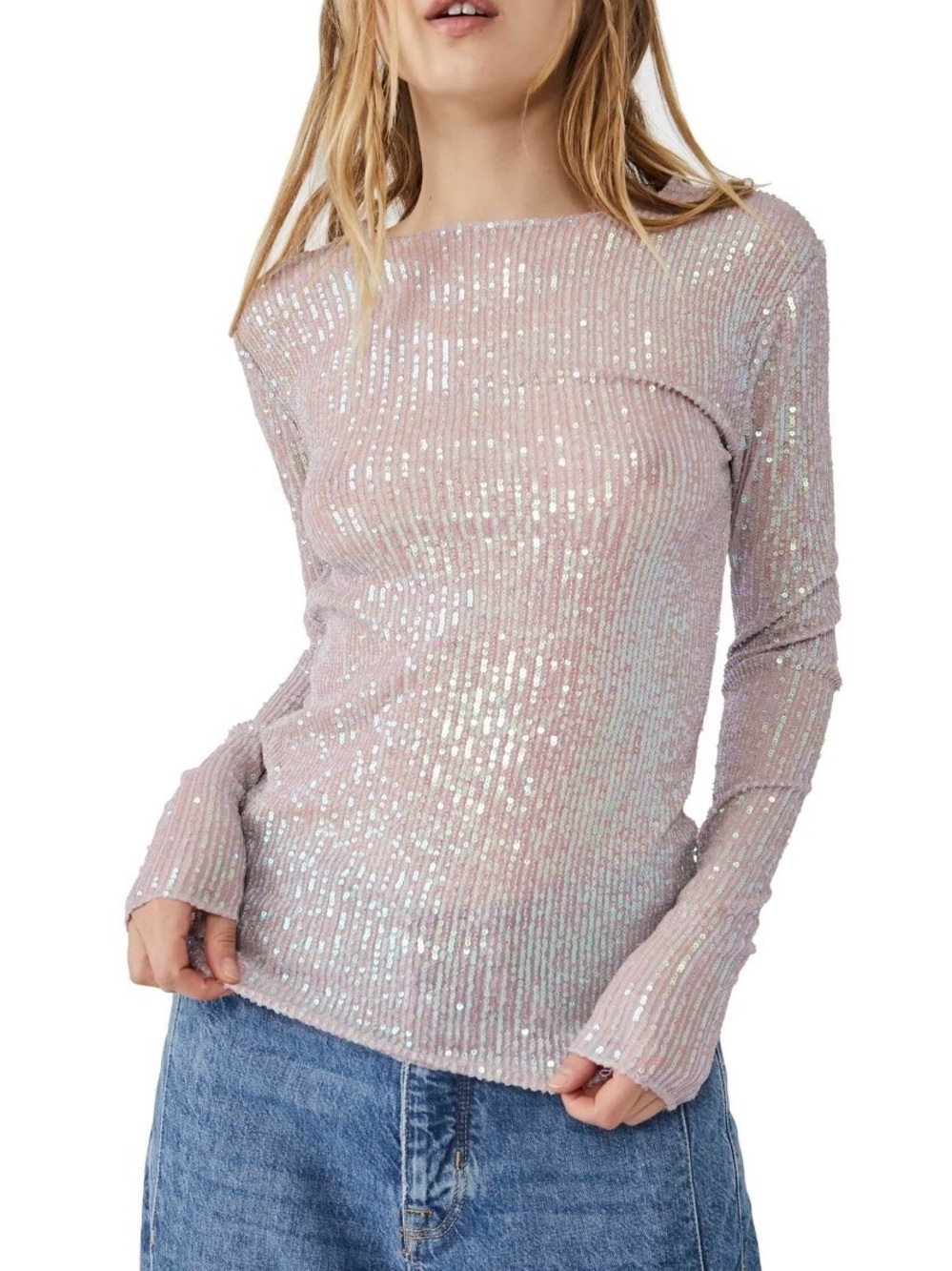 Free People Iridescent Sequin Ribbed Long Sleeve Top - Light Pink